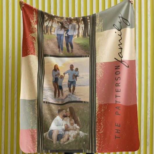 Familienaam 3 Foto Collage Rustic Abstract Sherpa Deken