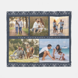Familienaam 5 Foto Collage Blue Pset Modern Fleece Deken