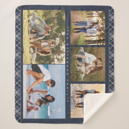 Familienaam 5 Foto Collage Blue Pset Modern Sherpa Deken (Voorkant)
