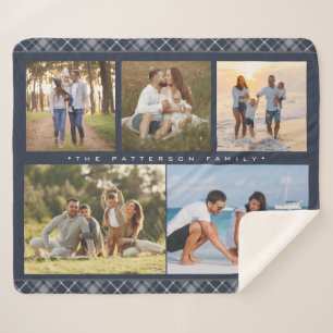 Familienaam 5 Foto Collage Blue Pset Modern Sherpa Deken