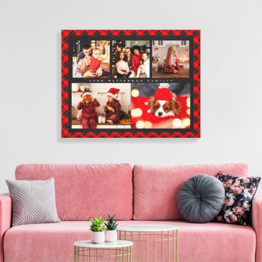 Familienaam 5 Foto Collage Red Pset Modern Canvas Afdruk (Insitu (Woonkamer))