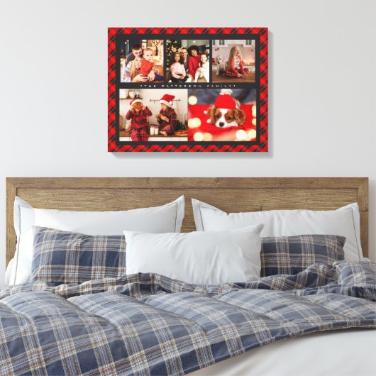 Familienaam 5 Foto Collage Red Pset Modern Canvas Afdruk (Insitu (Slaapkamer))