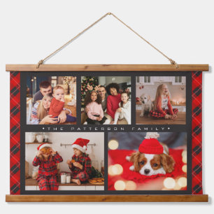 Familienaam 5 Foto Collage Red Pset Modern Hangend Wandkleed