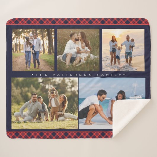 Familienaam 5 Foto Collage Red Pset Modern Sherpa Deken (Voorkant (horizontaal))