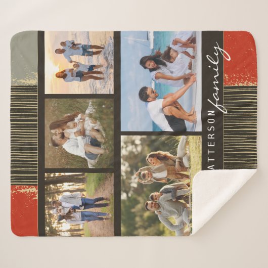 Familienaam 5 Foto Collage Rustic Abstract Sherpa Deken (Voorkant (horizontaal))
