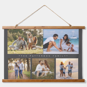 Familienaam 5 Foto Collage Simple Modern Hangend Wandkleed