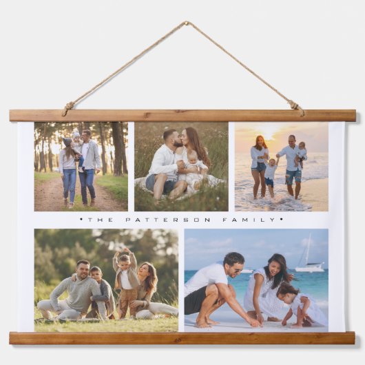 Familienaam 5 Foto Collage Simple Modern Hangend Wandkleed (Voorkant)