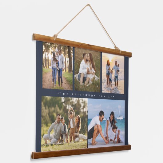 Familienaam 5 Foto Collage Simple Modern Hangend Wandkleed (Gebogen)