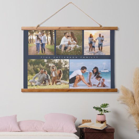 Familienaam 5 Foto Collage Simple Modern Hangend Wandkleed (Slaapkamer)