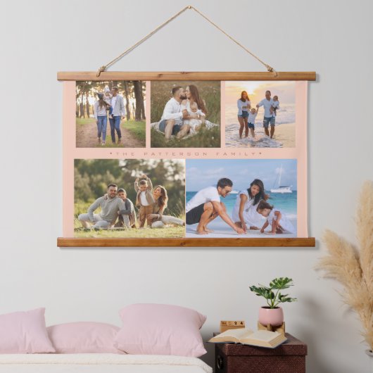 Familienaam 5 Foto Collage Simple Modern Hangend Wandkleed (Slaapkamer)