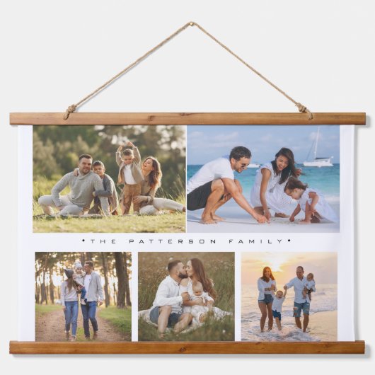 Familienaam 5 Foto Collage Simple Modern Hangend Wandkleed (Voorkant)