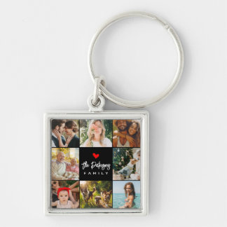 Familienaam 8 Foto Collage Modern Elegant Zwart Sleutelhanger