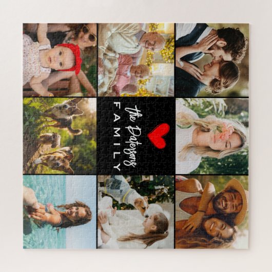 Familienaam 8 Fotocollage Modern Elegant Zwart Legpuzzel (Horizontaal)
