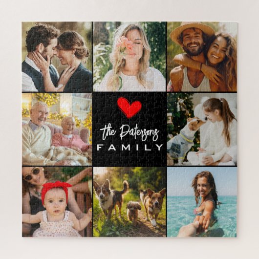 Familienaam 8 Fotocollage Modern Elegant Zwart Legpuzzel (Verticaal)