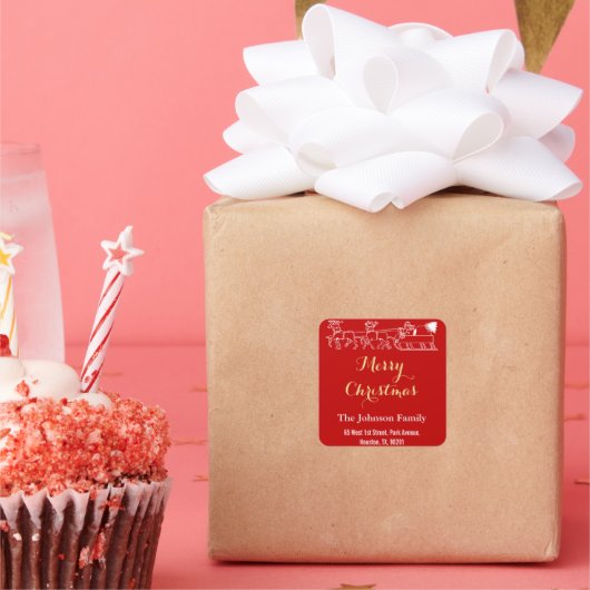 Familienaam Adres Merry KerstRed Gold Santa Vierkante Sticker (Feest)