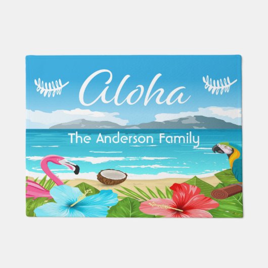 Familienaam Aloha tropisch strand flamingo florals Deurmat (Voorkant)