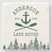 Familienaam Anchor Oars Pines Lake House Stenen Onderzetter (Voorkant)