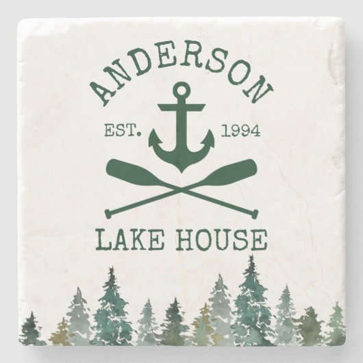 Familienaam Anchor Oars Pines Lake House Stenen Onderzetter (Voorkant)