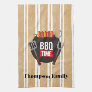 Familienaam BBQ tijd Moderne illustratie strepen Theedoek