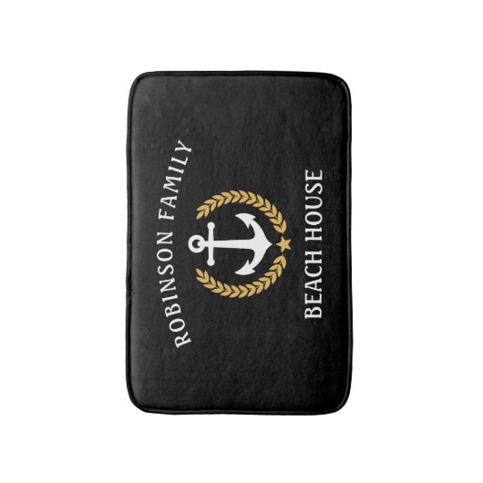 Familienaam Beach House Anchor Gold Laurel Black Badmat (Voorkant Verticaal)