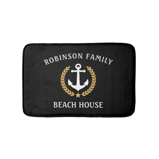 Familienaam Beach House Anchor Gold Laurel Black Badmat (Voorkant)