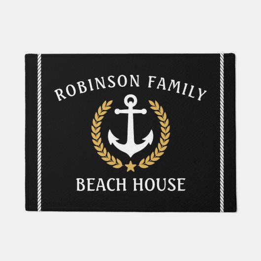 Familienaam Beach House Anchor Gold Laurel Black Deurmat (Voorkant)