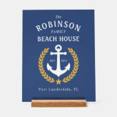 Familienaam Beach House Anchor Gold Laurel Navy Acryl Bord (Voorkant)
