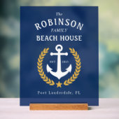 Familienaam Beach House Anchor Gold Laurel Navy Acryl Bord (Neutraal)