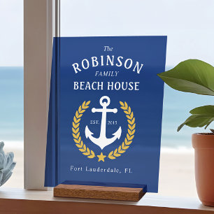 Familienaam Beach House Anchor Gold Laurel Navy Acryl Bord