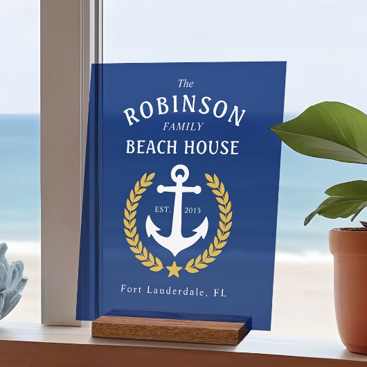 Familienaam Beach House Anchor Gold Laurel Navy Acryl Bord