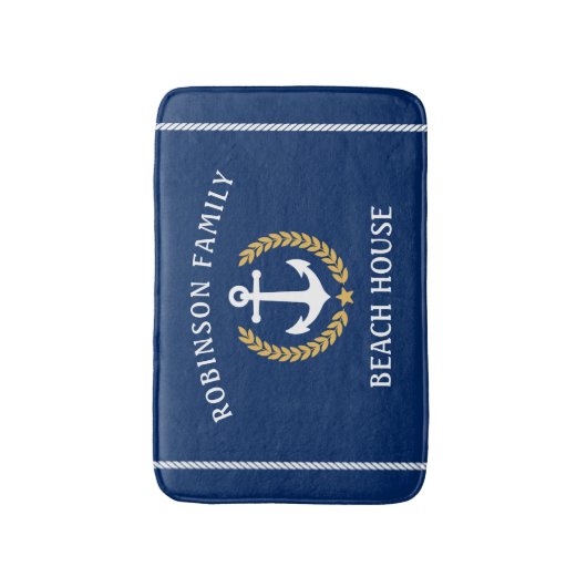 Familienaam Beach House Anchor Gold Laurel Navy Badmat (Voorkant Verticaal)