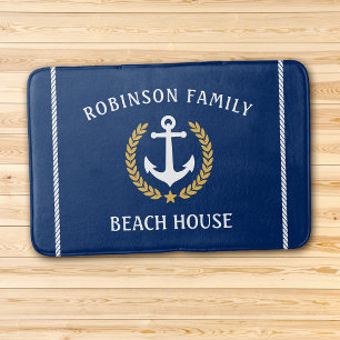 Familienaam Beach House Anchor Gold Laurel Navy Badmat