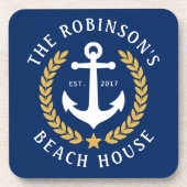 Familienaam Beach House Anchor Gold Laurel Navy Bier Onderzetter (Voorkant)
