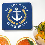 Familienaam Beach House Anchor Gold Laurel Navy Bier Onderzetter<br><div class="desc">Een stijlvolle, nautische set van kurkruggengraatkusten met uw persoonlijke familienaam en strandhuis, meerhuisje of andere gewenste tekst en vastgelegde datum. Biedt een speciaal ontworpen bootanker met gouden laurelbladeren en een ster op klassiek blauw voor de marine of pas de basiskleur eenvoudig aan om aan te passen aan uw huidige decor...</div>