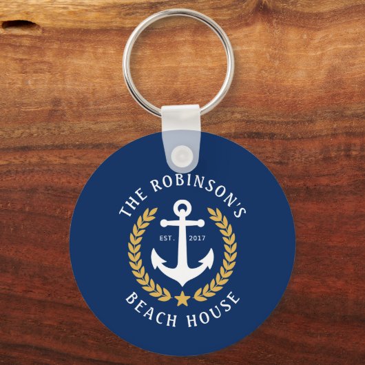 Familienaam Beach House Anchor Gold Laurel Navy Sleutelhanger (Voorkant)
