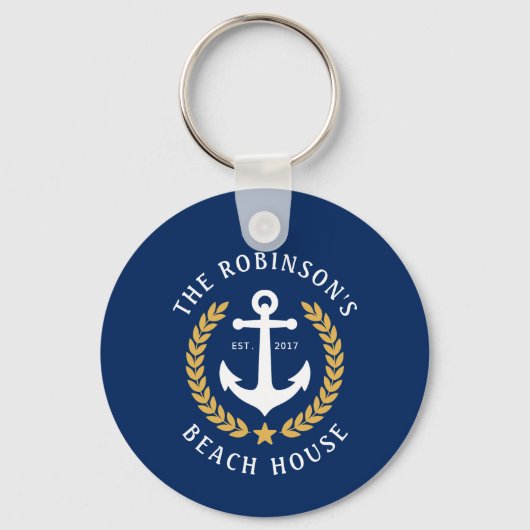 Familienaam Beach House Anchor Gold Laurel Navy Sleutelhanger (Achterkant)