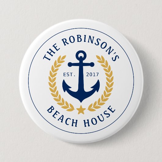Familienaam Beach House Anchor Gold Laurel Star Ronde Button 7,6 Cm (Voorkant)