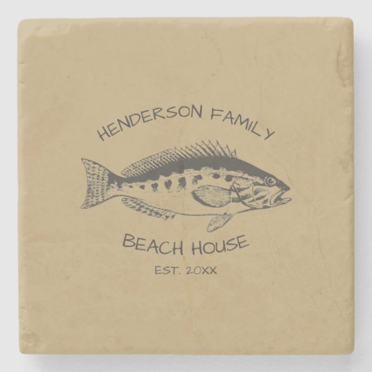 Familienaam Beach House Fish Stenen Onderzetter (Voorkant)