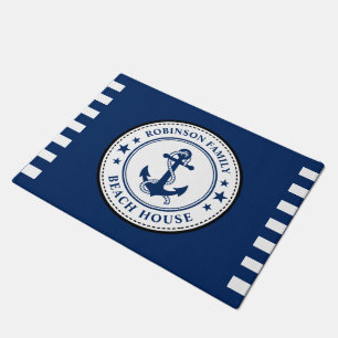 Familienaam Beach House Nautical Anchor Rope Navy Deurmat