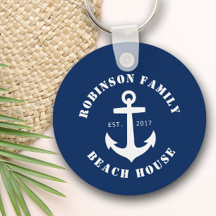 Familienaam Beach House Nautical Boat Anchor Navy Sleutelhanger