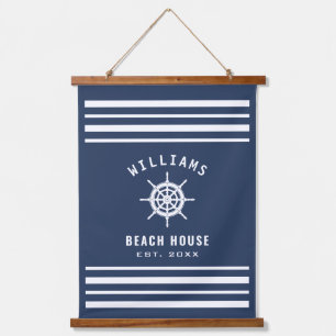 Familienaam Beach House Navy Blue White Nautical Hangend Wandkleed