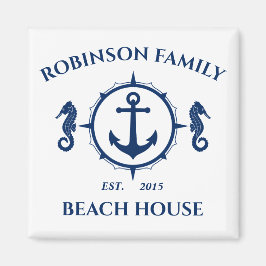 Familienaam Beach House Seahorse Anchor Blue White Magneet