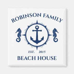 Familienaam Beach House Seahorse Anchor Blue White Magneet