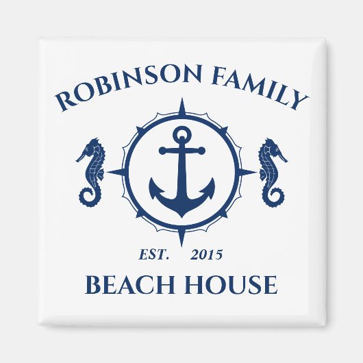 Familienaam Beach House Seahorse Anchor Blue White Magneet (Voorkant)