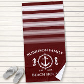 Familienaam Beach House Seahorse Anchor Deep Red Strandlaken