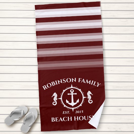 Familienaam Beach House Seahorse Anchor Deep Red Strandlaken