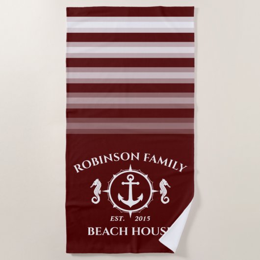 Familienaam Beach House Seahorse Anchor Deep Red Strandlaken (Voorkant)