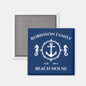 Familienaam Beach House Seahorse Anchor Navy Blue Magneet (Voorkant / Achterkant)