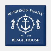 Familienaam Beach House Seahorse Anchor Navy Blue Magneet (Voorkant)