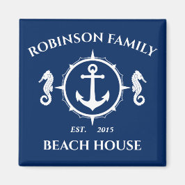 Familienaam Beach House Seahorse Anchor Navy Blue Magneet